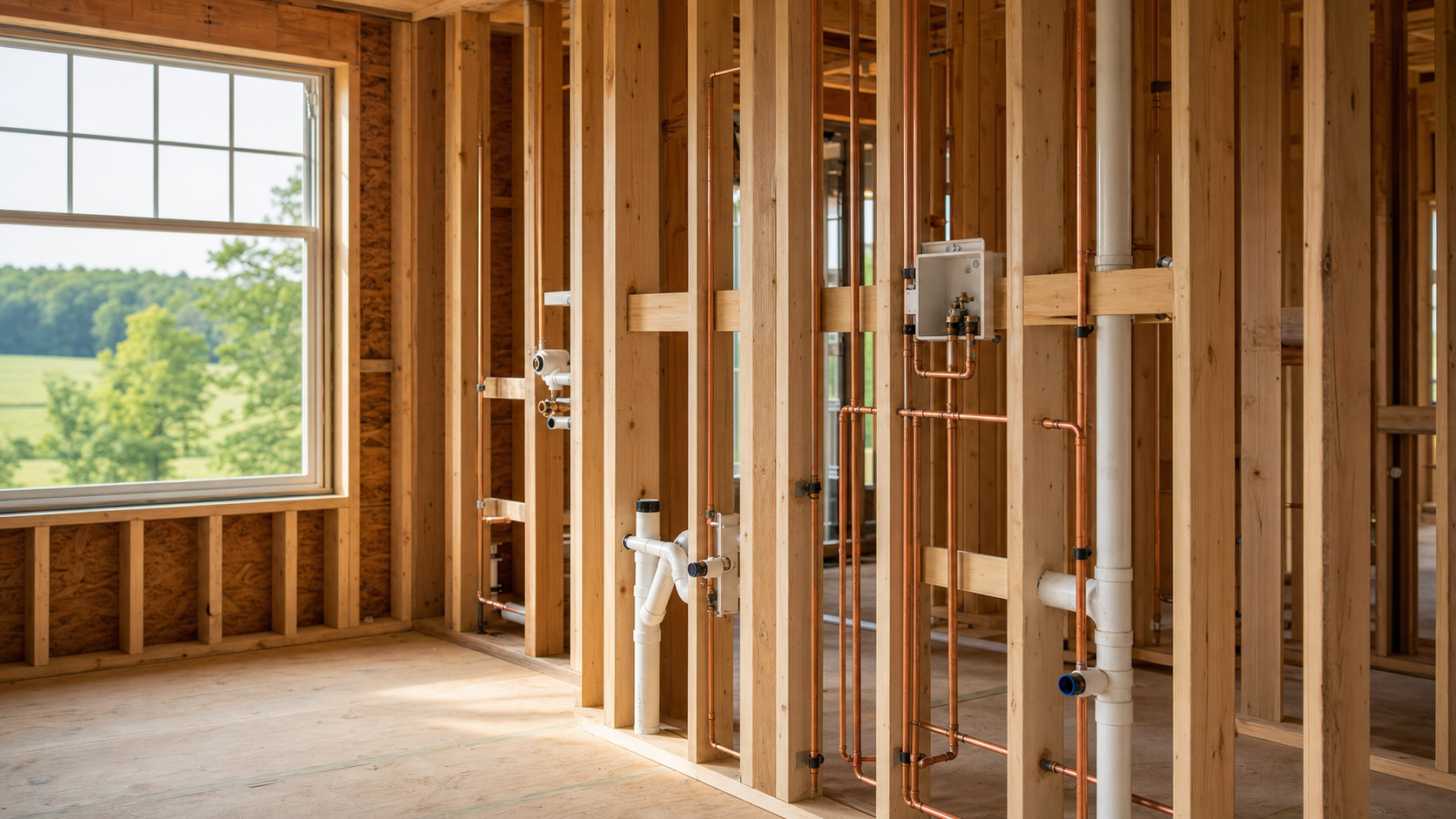 Organized residential plumbing rough-in inside a framed addition