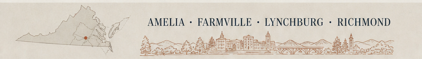 Virginia outline with Amelia marked, plus a Central Virginia skyline for Amelia, Farmville, Lynchburg, and Richmond